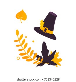 Cartoon two color pilgrim hat and fall, autumn leaves, Thanksgiving decoration element, vector illustration isolated on white background. Pilgrim hat and fall, autumn leaves, Thanksgiving decoration