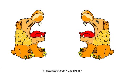 Cartoon of two comical lion with their mouth wide open. 