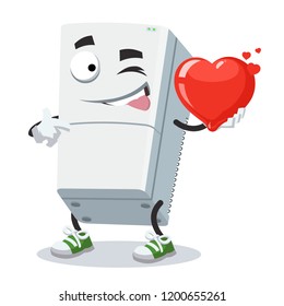 cartoon two compartment refrigerator character mascot keeps the heart on white background