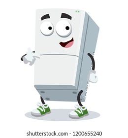 cartoon two compartment refrigerator mascot showing himself on a white background svg