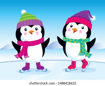 Cartoon of two cute baby penguins in knit hats and scarves with ice skates on.