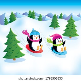 Cartoon Of Two Cute, Happy Penguins With Knit Caps And Scarves Sledding Down A Snowy Hill In The Wintertime On Saucer Discs.