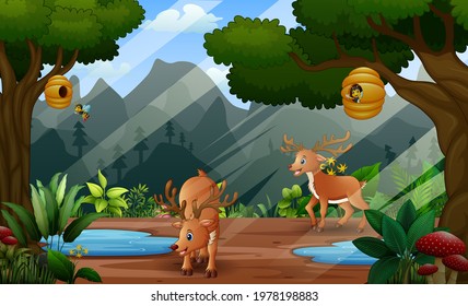 Cartoon two deers in the nature landscape