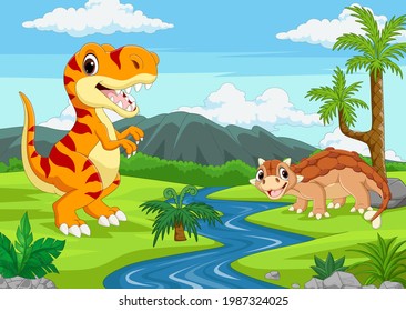 Cartoon two dinosaurs in the jungle