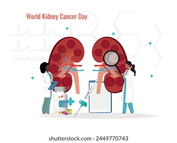 A cartoon of two doctors examining a kidney. The cartoon is titled World Kidney Cancer Day