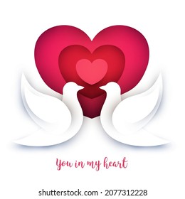 Cartoon two doves and heart in modern paper cut style. Minimalistic colorful design composition. Template background for banner, invitation, greeting card, cover, poster. Vector illustration.