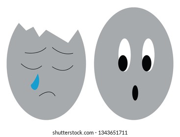 Caricatura de dos huevos uno de los cuales está craqueado desde arriba y llorando dibujo o ilustración de color vectorial