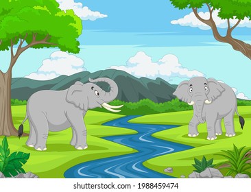 Cartoon two elephants in the jungle