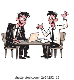 Desenho animado de dois jovens entusiastas em ternos usados tendo um encontro com laptop e livro. Inicialização humorística ou conceito de colaboração criativa.