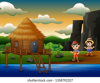 Cartoon two farmer boys by the river