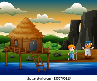 Cartoon two farmer boys by the river
