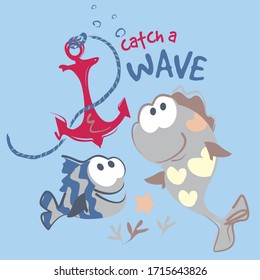 Cartoon two fish vector character illustration. Catch a wave collection