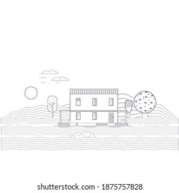 cartoon two floor house in hills landscapes, line vector illustration for coloring book