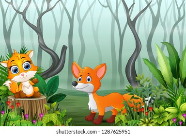 Cartoon two foxes playing in the foggy forest