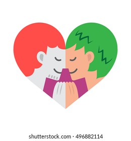 A cartoon of two gay lovers facing each other while holding hands forming a colorful heart shape.