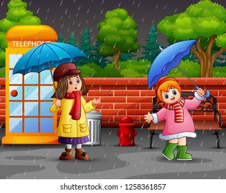 Cartoon two girl carrying umbrella under the rain in the city park