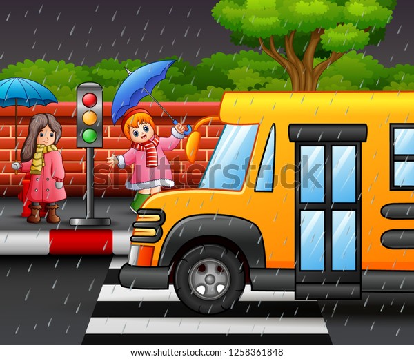 Cartoon two girl carrying umbrella under the\
rain on the roadside