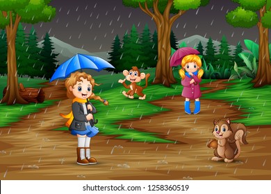 Cartoon two girl playing with animals under the rain