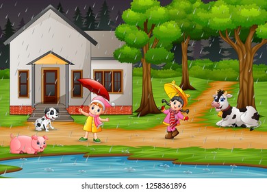 Cartoon two girl playing with animals under the rain