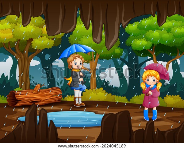Cartoon two girls carrying umbrella under the\
rain in the forest\
