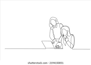 Cartoon Of Two Happy Businesswomen Coworking In A Desktop At Office. Single Continuous Line Art Style
