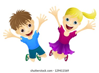 A cartoon of two happy children, a boy and girl, jumping for joy