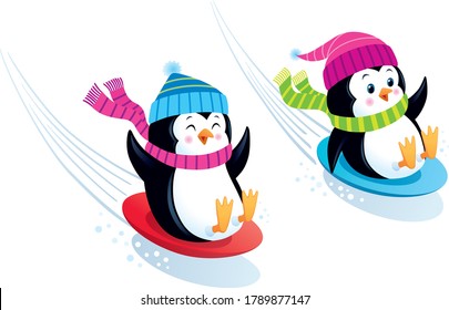 Cartoon of two happy and cute penguin characters snow sledding downhill on saucer discs.