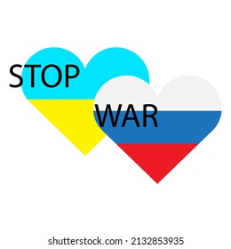 Cartoon two hearts stop war. Stop war. No war. Hearts of Ukraine and Russia. Vector illustration. stock image. 