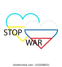 Cartoon two hearts stop war. Stop war. No war. Hearts of Ukraine and Russia. Vector illustration. stock image. 