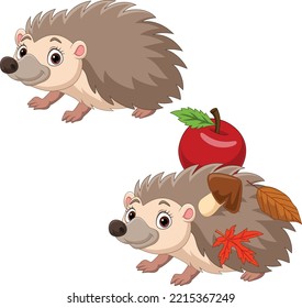 Cartoon two hedgehog with red apple, autumn leaves and mushroom