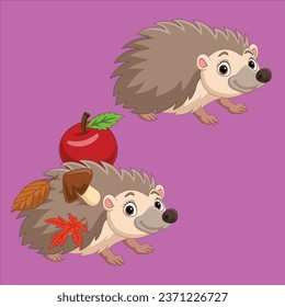 Cartoon two hedgehog with red apple, autumn leaves and mushroom