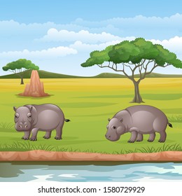 Cartoon two hippos in the savannah