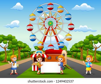 Cartoon of two kids holding a white board with amusement park background