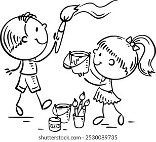 Cartoon two kids painting together. Children cooperation, boy and girl communication and common activity outline clipart