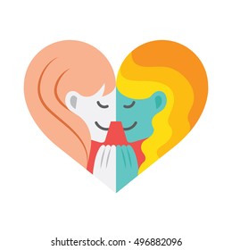 A cartoon of two lesbian lovers facing each other  while holding hands forming a colorful heart shape.