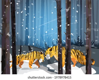 Cartoon Two Lions Playing Together On Forest Snow Falling Background.
