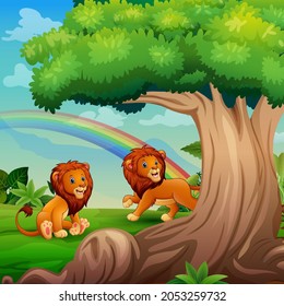 Cartoon two lions playing under the big tree
