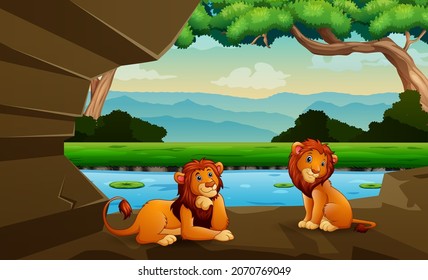 Cartoon of two lions relaxing in a cave