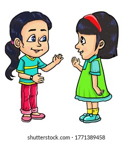 Cartoon Two Little Kid Girls Talking