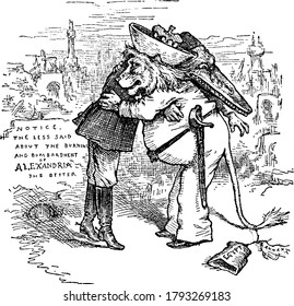 Caricatura de dos Hombres con Cabeza de Animal se abrazan entre sí, dibujo de línea vintage o ilustración grabadora.