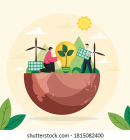 Cartoon Two Men Character With Eco Bulb, Solar Panels, Windmills On Half Earth Globe And Sun Background. Save Environment Or Earth Concept.