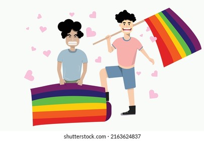 cartoon two men holding rainbow pride flag decorated with bubbles,gender diversity month concept,lgbt and gender freedom symbol,homosexuality banner vector