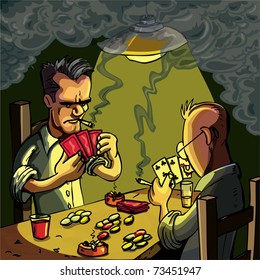 Cartoon Of Two Men Playing Cards In A Dark Smoke Filled Room