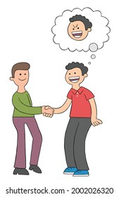 Cartoon two men shake hands and look happy but one of them is malicious, vector illustration. Colored and black outlines.
