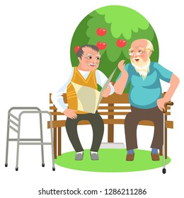 Cartoon two old mates talking in park and resting