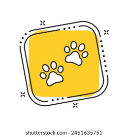 Cartoon two paw icon vector illustration. Footprint on isolated yellow square background. Animal foot sign concept.