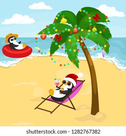 Cartoon two penguins resting on holiday on beach