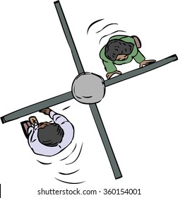 Cartoon of two people pushing through a turnstile
