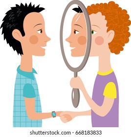 Cartoon two people talking mirror