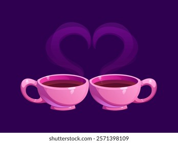 Cartoon Two pink coffee cups with steaming hearts rising, symbolizing love, Valentine day, warmth, and connection. Isolated vector romantic and cozy symbol of loving relations, dating or coffee time